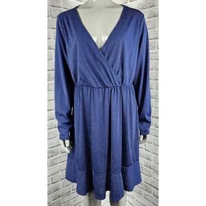 Swing Glitter Dress V Neck Long Sleeve Ruffle Hem Womens Plus Size 20W Navy Blue
